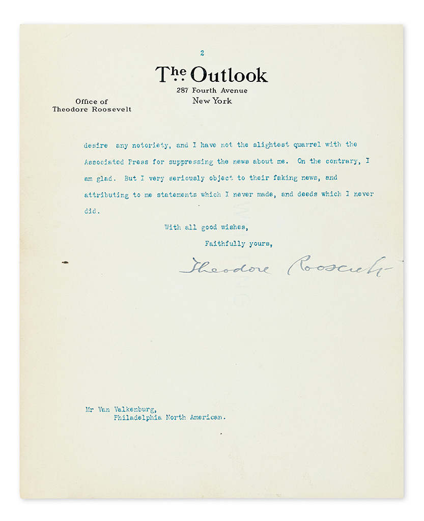 ROOSEVELT, THEODORE. Typed Letter Signed, to editor of the Philadelphia North American Edwin A. Van Valkenburg (Dear Mr Van Valkenburg